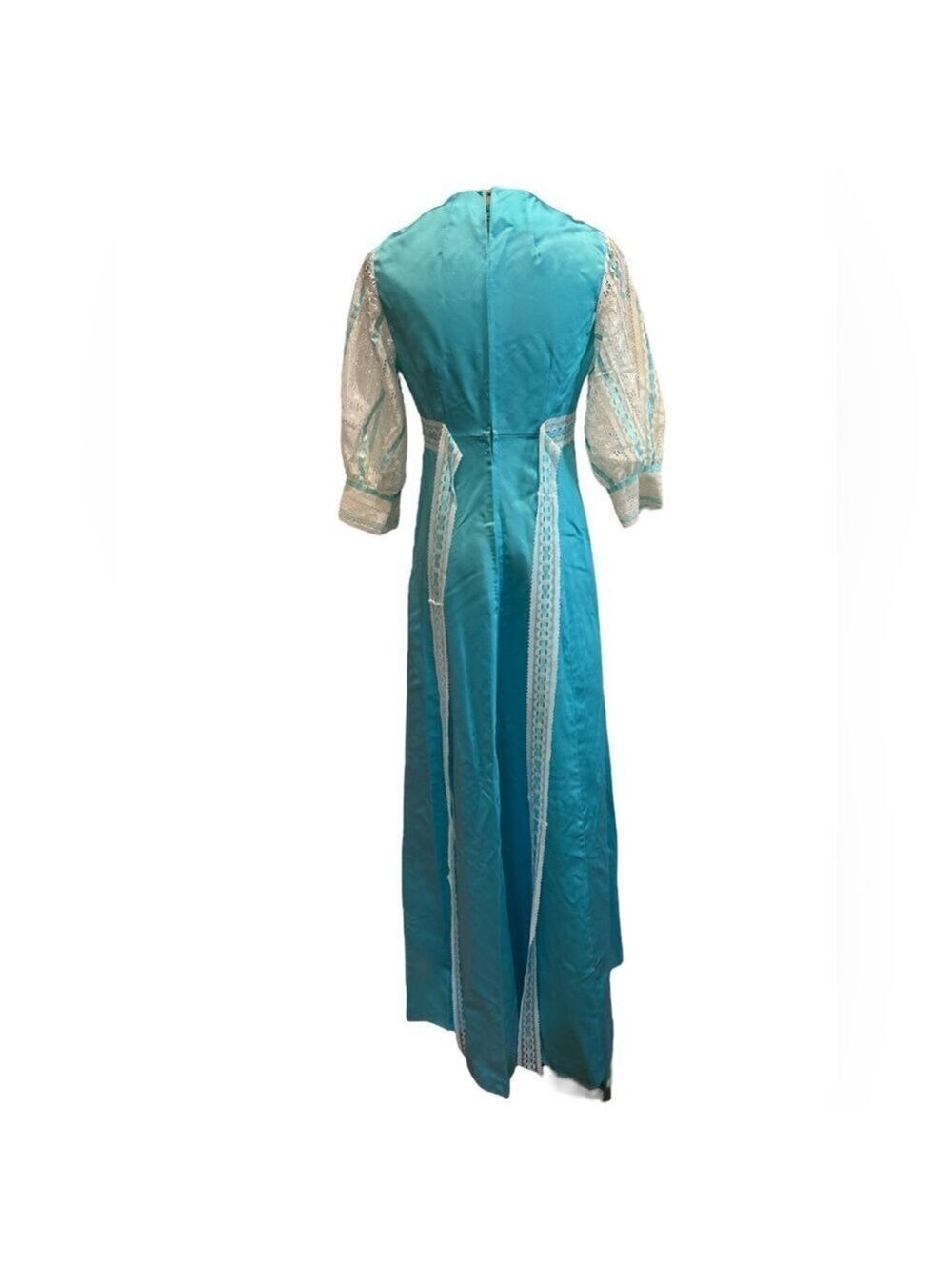 70s HANDMADE SATIN TURQUOISE BLUE SQUARE NECK MAXI DRESS LACE 3/4 SLEEVES & SASH - Picture 5 of 8